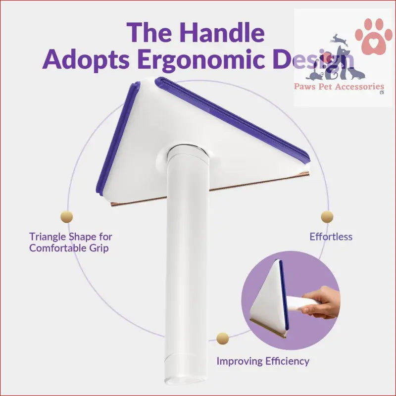 White triangle hair remover tool with purple grips for comfort and eco-friendly use