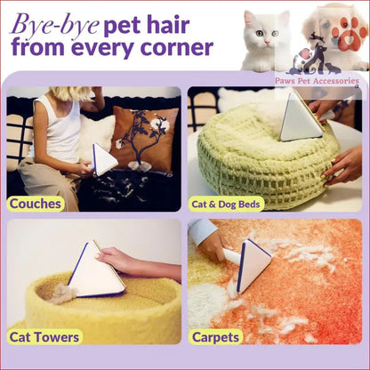 Advertisement for Eco-Friendly Triangle Hair Remover Tool removing pet hair from surfaces