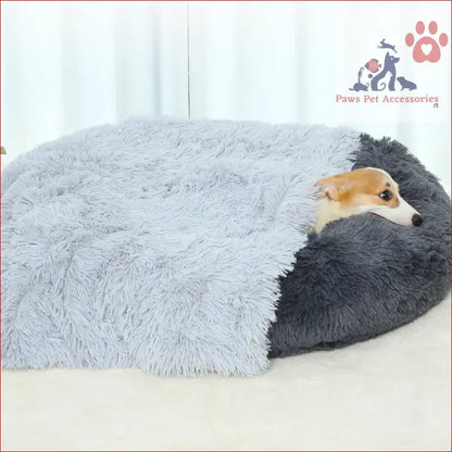 Fluffy gray and black pet bed with a small dog, perfect for cozy anti-anxiety throws