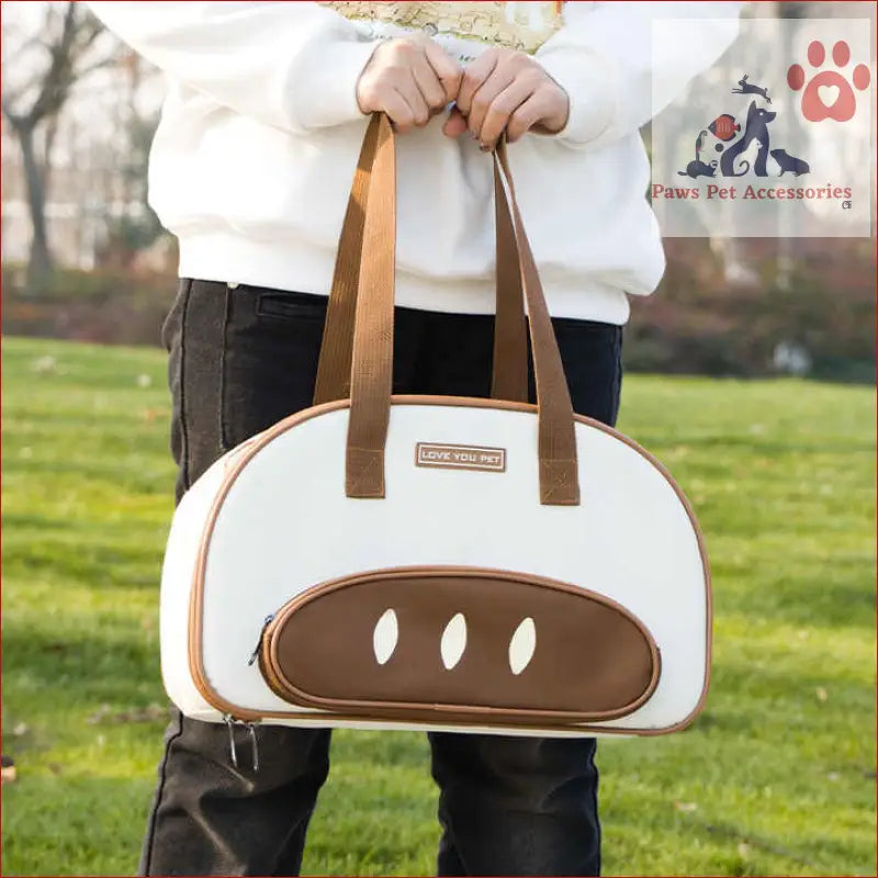 White and brown large capacity cat carrier bag with leather handles for easy pet travel tote