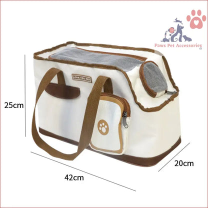 Stylish White and Brown Large Capacity Cat Carrier Bag with mesh panels and paw print logo