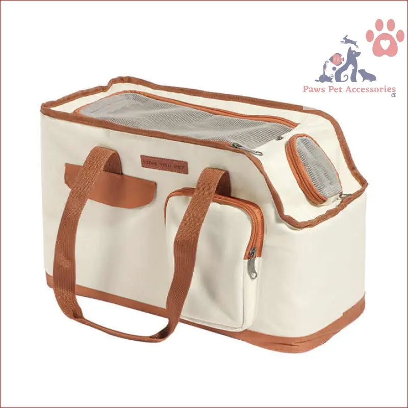 Cream pet travel tote with brown trim, a large capacity cat carrier for comfy trips