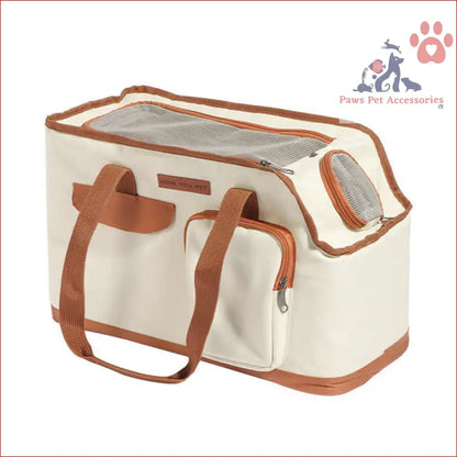 Cream pet travel tote with brown trim, a large capacity cat carrier for comfy trips