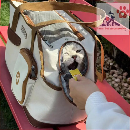 White and brown large capacity cat carrier bag with a curious cat peeking out