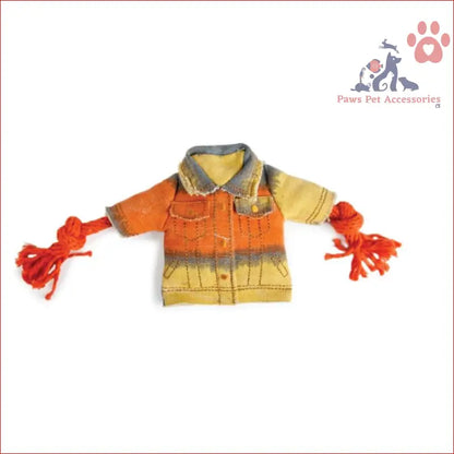 Orange and yellow Dog Chew Rope Squeak Jacket with red yarn sleeves for cleaning puppy teeth