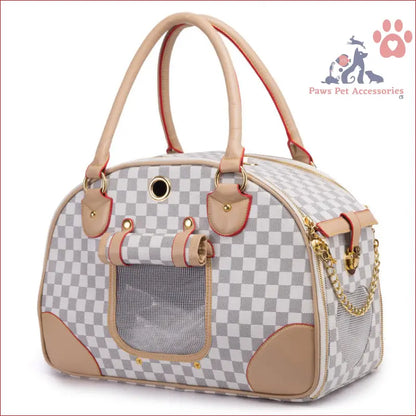 Checkered Portable Pet Travel Bag with Tan Leather Trim and Mesh Window