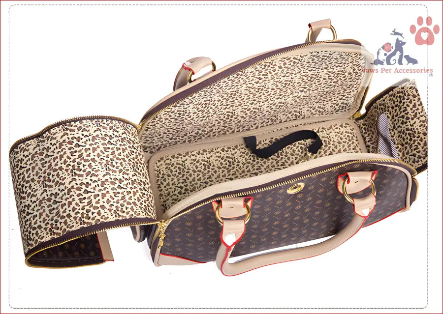 Leopard print makeup bag with compartments zipped inside Portable Pet Travel Bag for trips