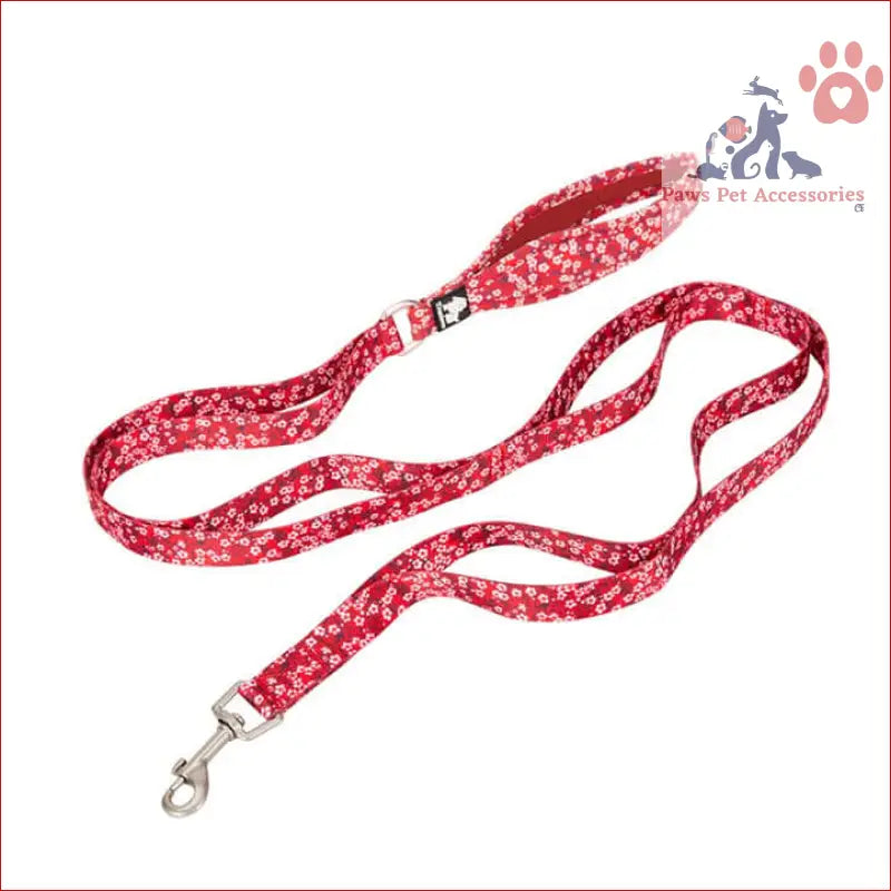 Red and white True Love Floral Multi Handle Dog Lead with metal clasps for stylish walks