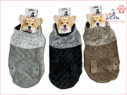 Three happy Corgis in cozy quilted dog jackets show off stylish winter pet clothes vests