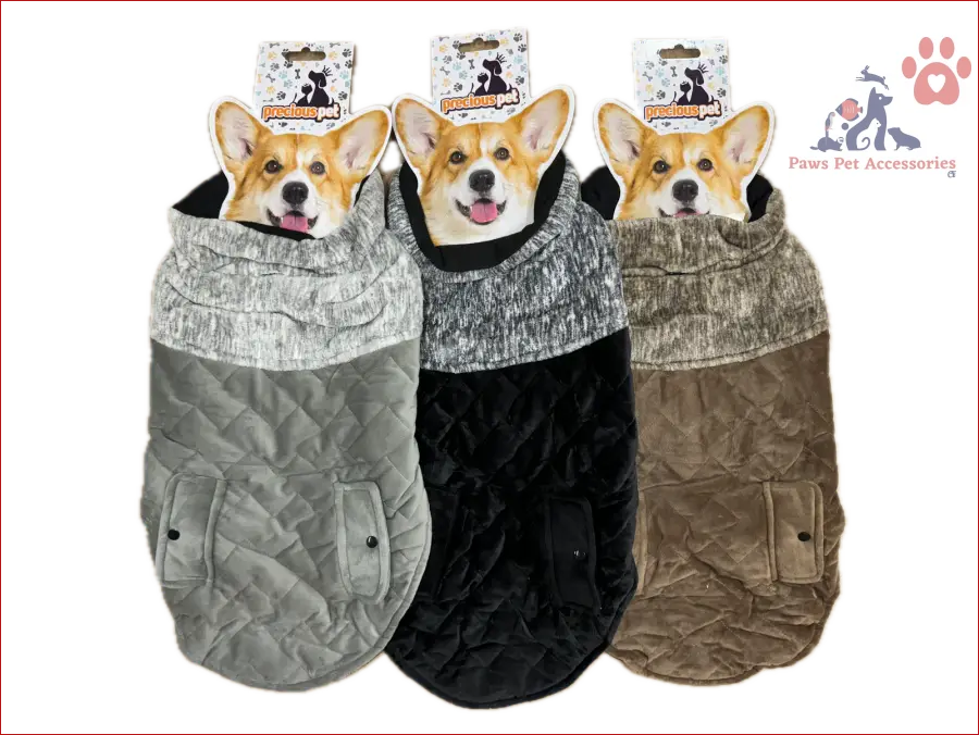 Three plush dog coats in gray, black, and brown for a cozy quilted dog jacket look