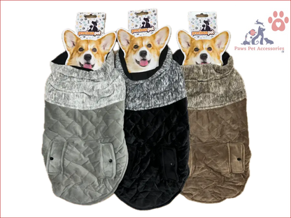 Three plush dog coats in gray, black, and brown for a cozy quilted dog jacket look