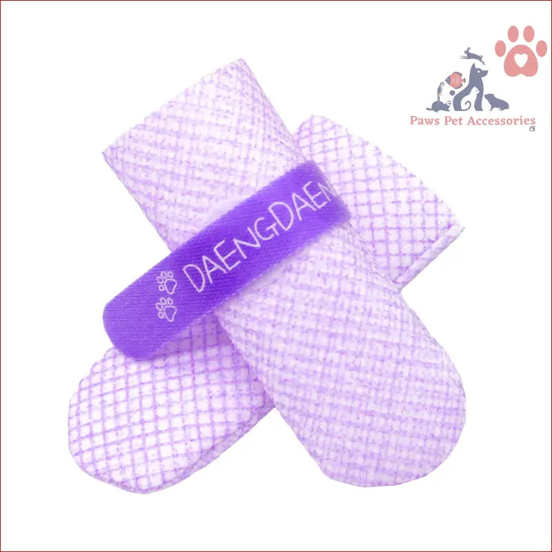 Purple bandage with DAENGDAE text on waterproof disposable boots for dog shoes