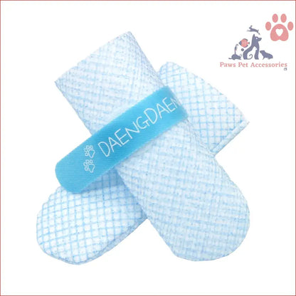 Blue and white bandage with DAENGDAE text on waterproof disposable boots for dogs