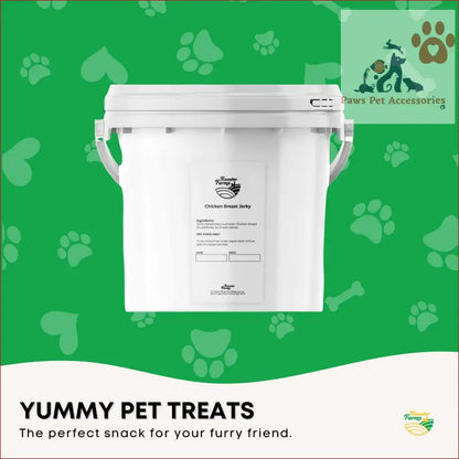 White plastic breast jerky bucket with a secure lid for storing dog treat chicken snacks