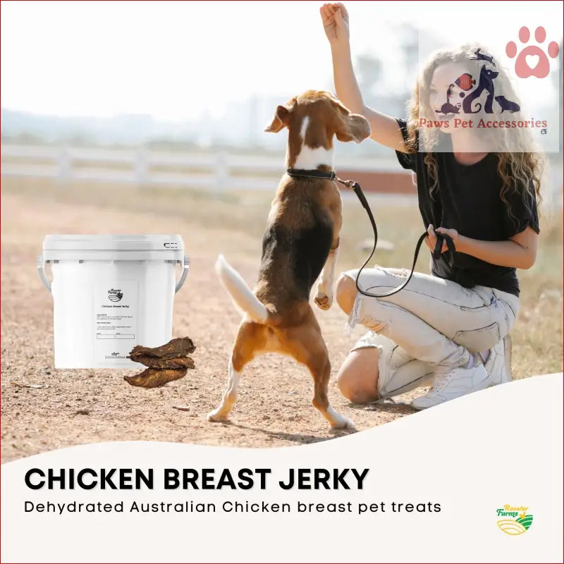 Dehydrated Australian chicken breast jerky in a 1.5Kg dog treat chicken bucket