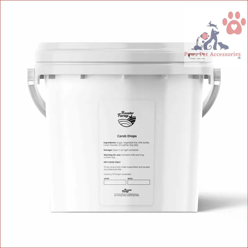 White plastic bucket with lid for 2.6Kg Dog Treat Carob Drops, perfect for Australian Puppy Button Melts